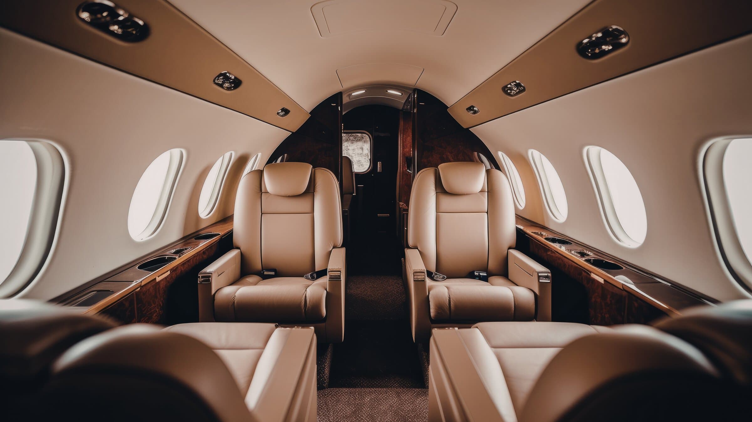 Private jet cabin interior with leather seats and walnut trim